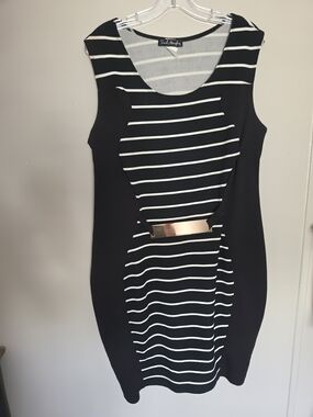 French Atmosphere Black White Striped Sheath Scoop Neck Sleeveless Knee Plus 3X